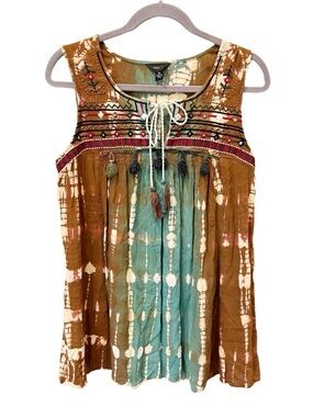 Bohemian Tunic Tank Top Women's Medium Festival Hippie Tassel Embroidery Tie Dye